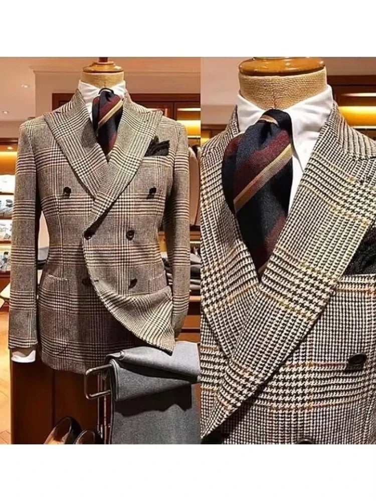 New Brown Houndstooth Blazer Wedding Tuxedo Smoking Double Breasted Jacket Men Suits Coat For Business Terno Winter Suits Blazer