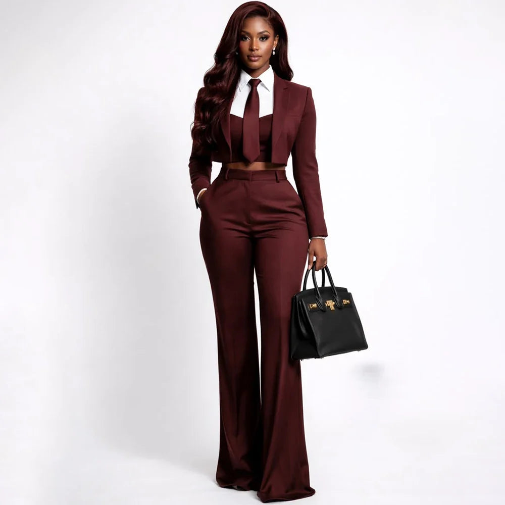 Sharp Women's Burgundy Suit Tailored Cropped Jacket+Wide Leg Pants 2 Piece Set Formal Evening Party Female Clothing