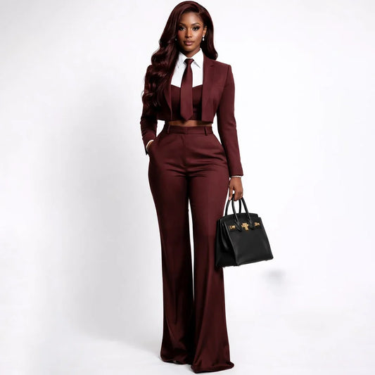 Sharp Women's Burgundy Suit Tailored Cropped Jacket+Wide Leg Pants 2 Piece Set Formal Evening Party Female Clothing