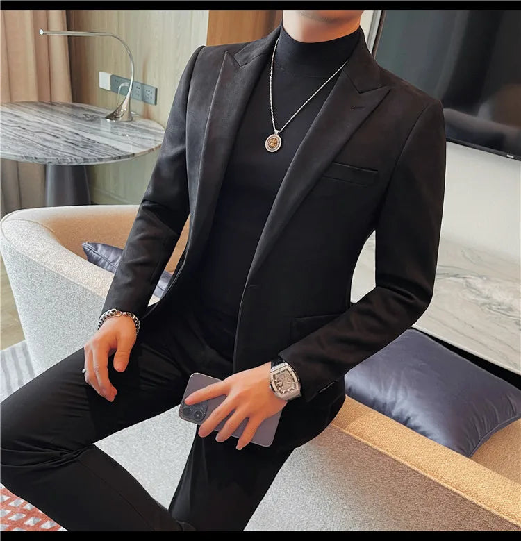 2024 Autumn Winter Men's Suede Suit Jacket High End Business Casual Blazers Slim Fit Wedding Groom Street Wear Social Dress Coat