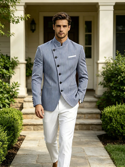 Men Mandarin Collar Suit Jacket Stand Collar Asymmetrical Single Breasted Men Blazer Slim Fit Business Formal Coat For Business