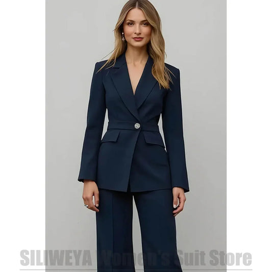 Fashion Women Belted 2 Piece Suit Notch Lapel One Button Blazer with Wide Leg Pants Office Business Party Wear For Ladies