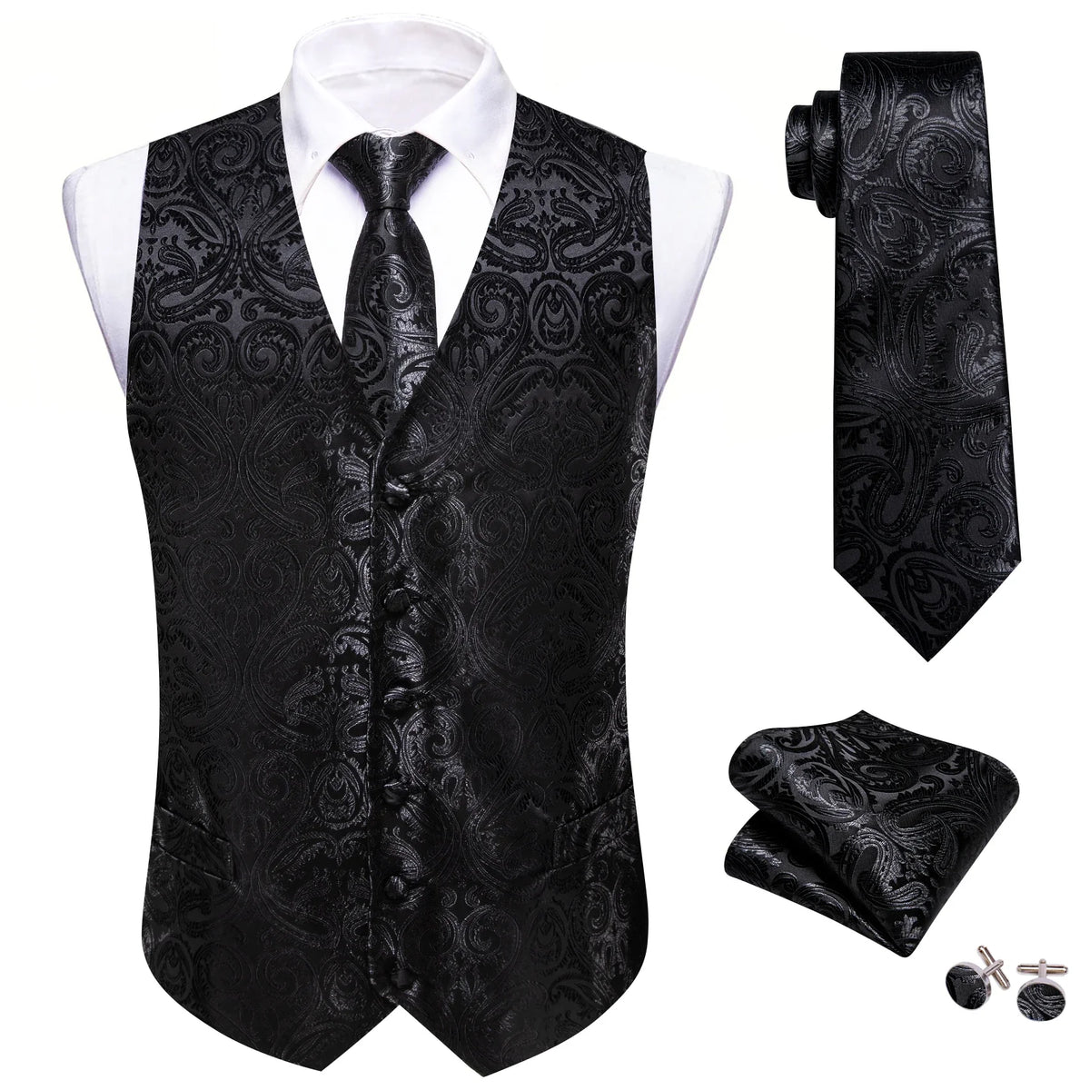 Men's Vest 4-Piece Set | Jacquard Paisley Floral Waistcoat with Tie & Pocket Square for Formal Events