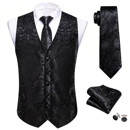 Men's Vest 4-Piece Set | Jacquard Paisley Floral Waistcoat with Tie & Pocket Square for Formal Events