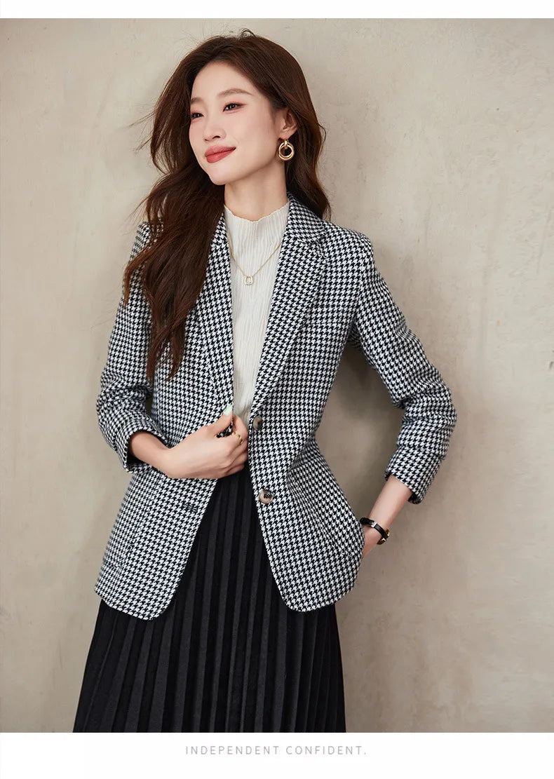 Women Office Ladies Single Breasted Slim Blazer Coat Autumn Winter Fashion Plaid Temperament Long Sleeved Elegant Tops Vacation