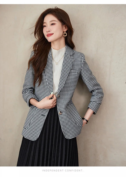 Women Office Ladies Single Breasted Slim Blazer Coat Autumn Winter Fashion Plaid Temperament Long Sleeved Elegant Tops Vacation