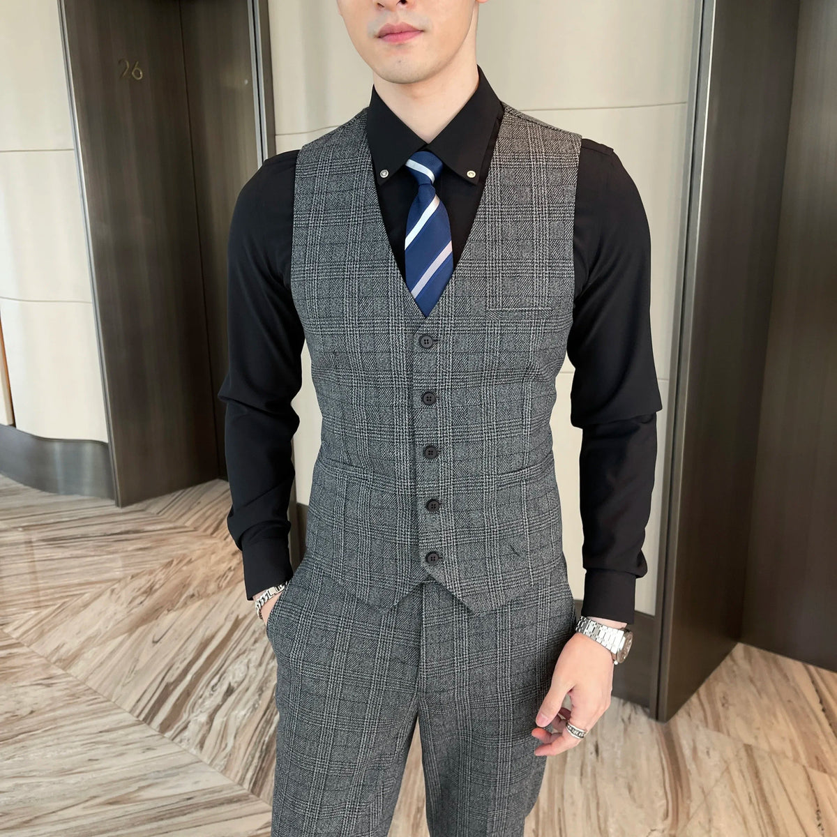 Ensemble costume trois pièces à carreaux modifié de haute qualité de style coréen britannique pour hommes - Gilet et pantalon de costume décontracté élégant