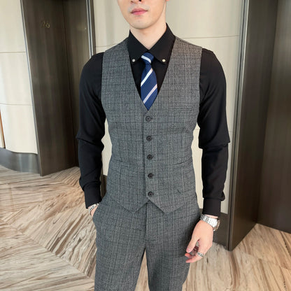 Ensemble costume trois pièces à carreaux modifié de haute qualité de style coréen britannique pour hommes - Gilet et pantalon de costume décontracté élégant