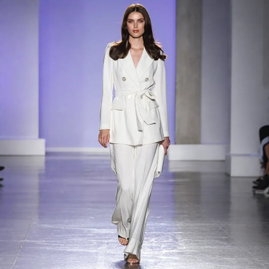 Elegant Women's White Suit Double Breasted Casual Office 2-Piece Jacket+Pants Set with Belt Daily Modern Female Streetwear