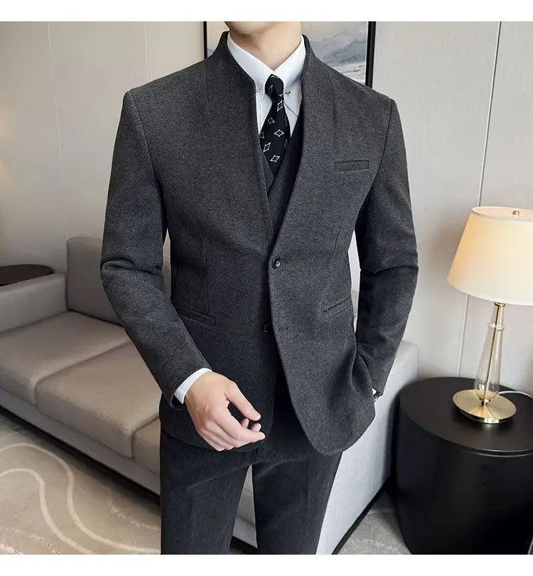 Men's 3-Piece Slim Fit Stand Collar Suit – Wedding, Prom & Office Formal Set