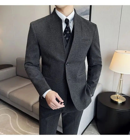 Men's 3-Piece Slim Fit Stand Collar Suit – Wedding, Prom & Office Formal Set