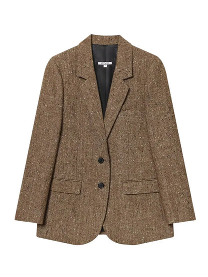 Woman Winter Lapel Pocket Decoration Single Breasted Long Sleeves Herringbone Twill Blazer Female Leisure Street Style Coat