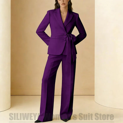 Women's Suit 2 Piece Bow Belt Design Formal Outfit for Wedding Party Prom Office Fashion Peak Lapel Daily Casual Lady Suits