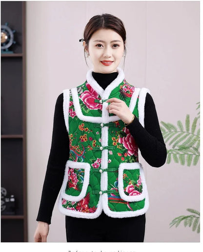 Middle-aged Mother Add Velvet Warm Vest Coat Autumn Winter New Printed Fleece Sleeveless Jacket Grandma Thicken Warm Waistcoat