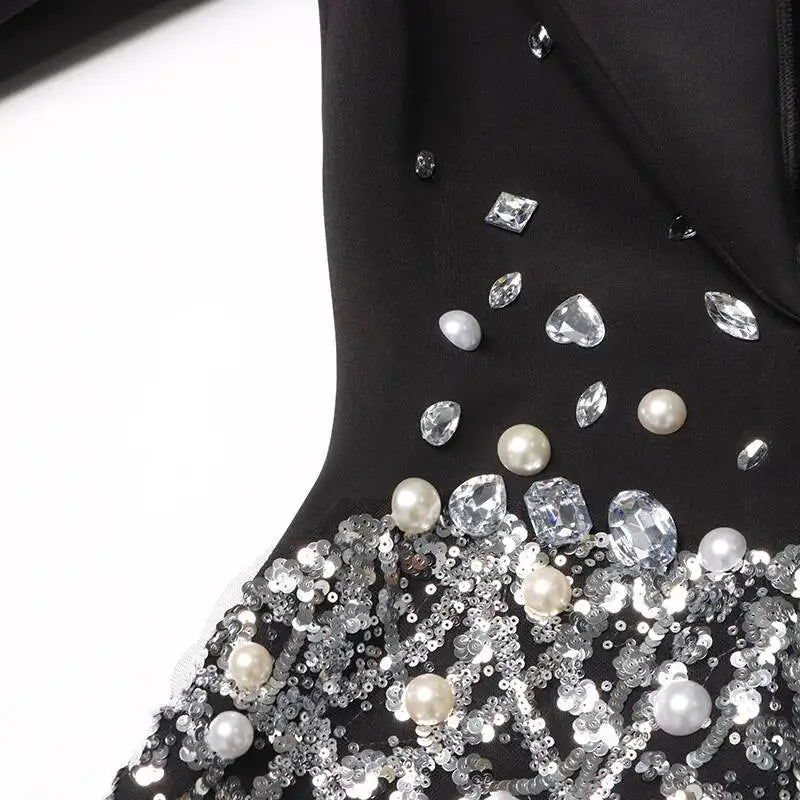 Sexy Socialite Style Blazer Dress 2025 Spring Autumn New Women's Turn-Down Collar Long Sleeve Sequin Diamond Jacket  HK8313