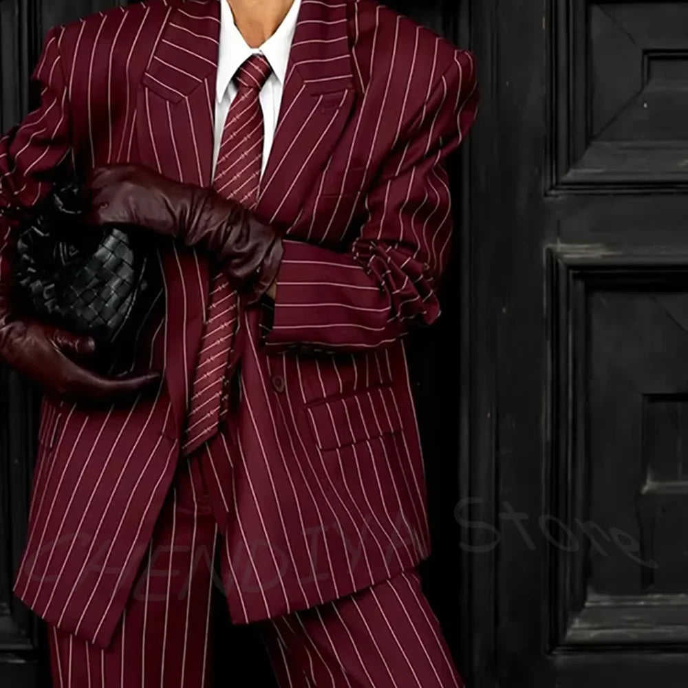 Burgundy Striped Casual Women Suit Two Pieces Jacket Pants Loose Fit Peak Lapel Blazer Set Evening Party Prom Lady Outfit