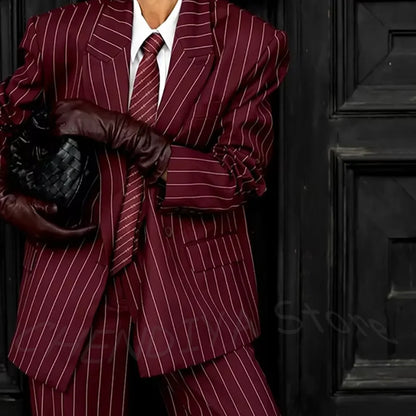 Burgundy Striped Casual Women Suit Two Pieces Jacket Pants Loose Fit Peak Lapel Blazer Set Evening Party Prom Lady Outfit