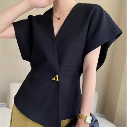 Summer French Asymmetric Blazer Vest Coat Women Drop Shoulder Sleeve Waistcoat One Button Waist Slim Fashion White Top