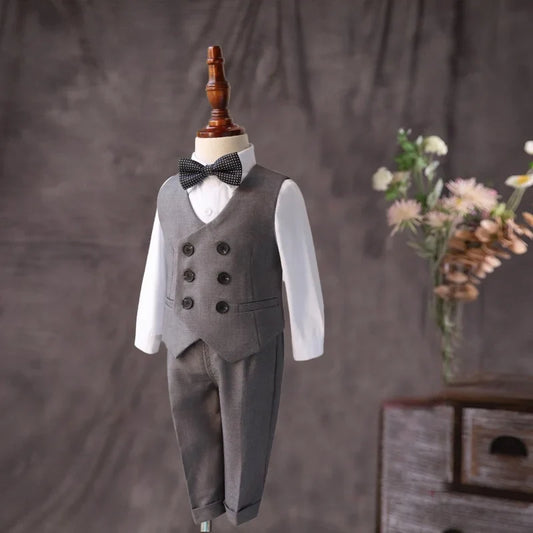 Flower Boys Gray Wedding Suit Set Kids Formal Birthday Photography Outfit Children's Piano Host Performance Costume