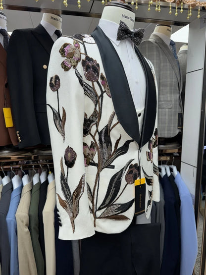Elegant Mature Embroidery Beaded Suit Set 3 Pieces For Men Dancing Wear,Handsome Slim Fit Shawl Lapel Men's Suits Party Tuxedo