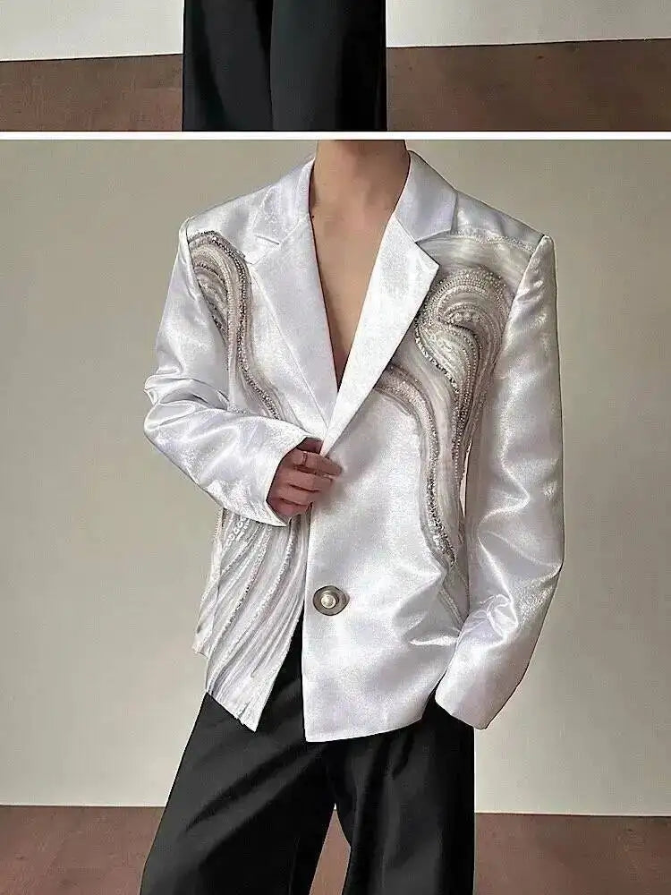 2026 New Original Luxury Temperament Sequin Gauze Patchwork Design Blazer Coat Men Elegant Handsome Casual Jacket JY7013
