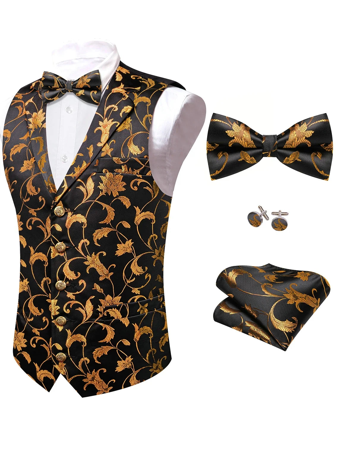 Men's Floral Jacquard Vest Bowtie Set – Pink Wedding Waistcoat for Men