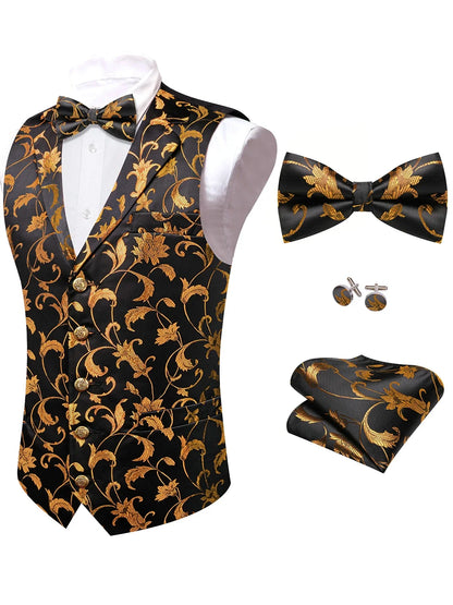 Men's Floral Jacquard Vest Bowtie Set – Pink Wedding Waistcoat for Men