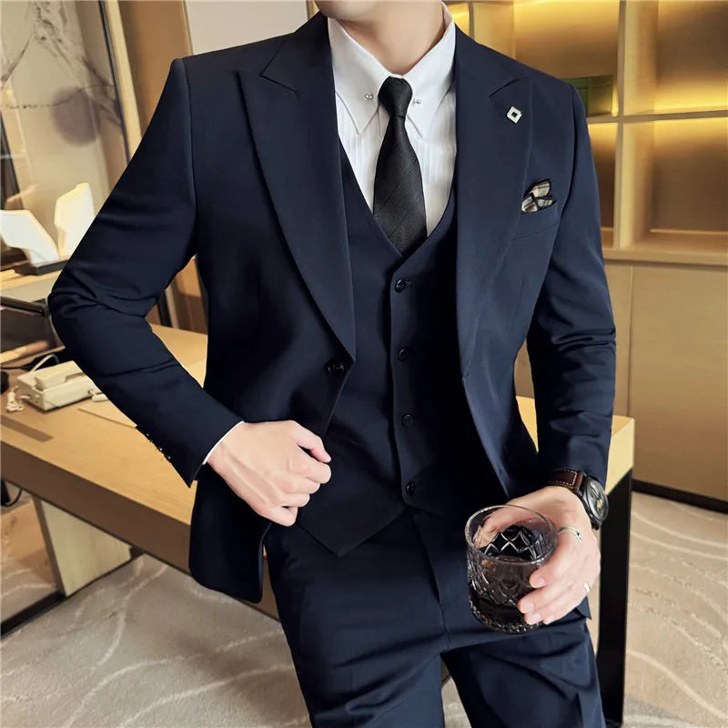 Men's 3 Piece Suit Set Double‑Button Solid Color Slim Fit Business Casual Wedding Banquet Party Jacket Vest Pants Formal Outfit