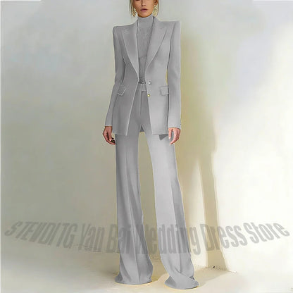 Women Pant Suit 2 Piece Set Office Female Business Work Formal Jacket Trouser One Button Chic Yellow Peaked Lapel Elegant Suit