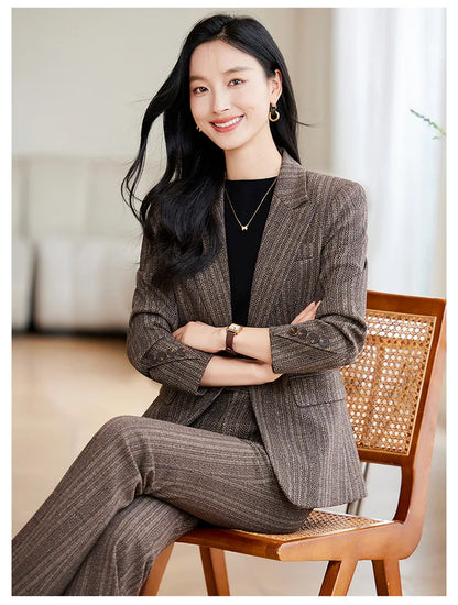 Gray Coffee Striped Ladies Formal Pant Suit Set Women Female Business Work Wear Long Sleeve 2 Piece Blazer Jacket And Trouser