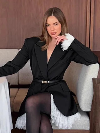 Fall,Winter,European,Clothes,Black suit,Coat,Chic,Sexy,Patchwork,Lace,Pocket,Women,Tops,Long Sleeve,Hot,Jacket,2026,New,6717001