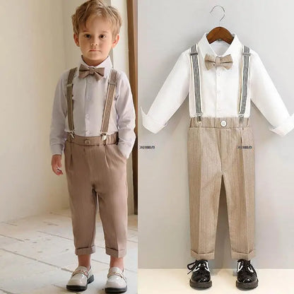 Boys Formal Khaki Tuxedo Dress School Performance Clothing Set Kids Wedding Photography Suit Children Birthday Gift Set Costume