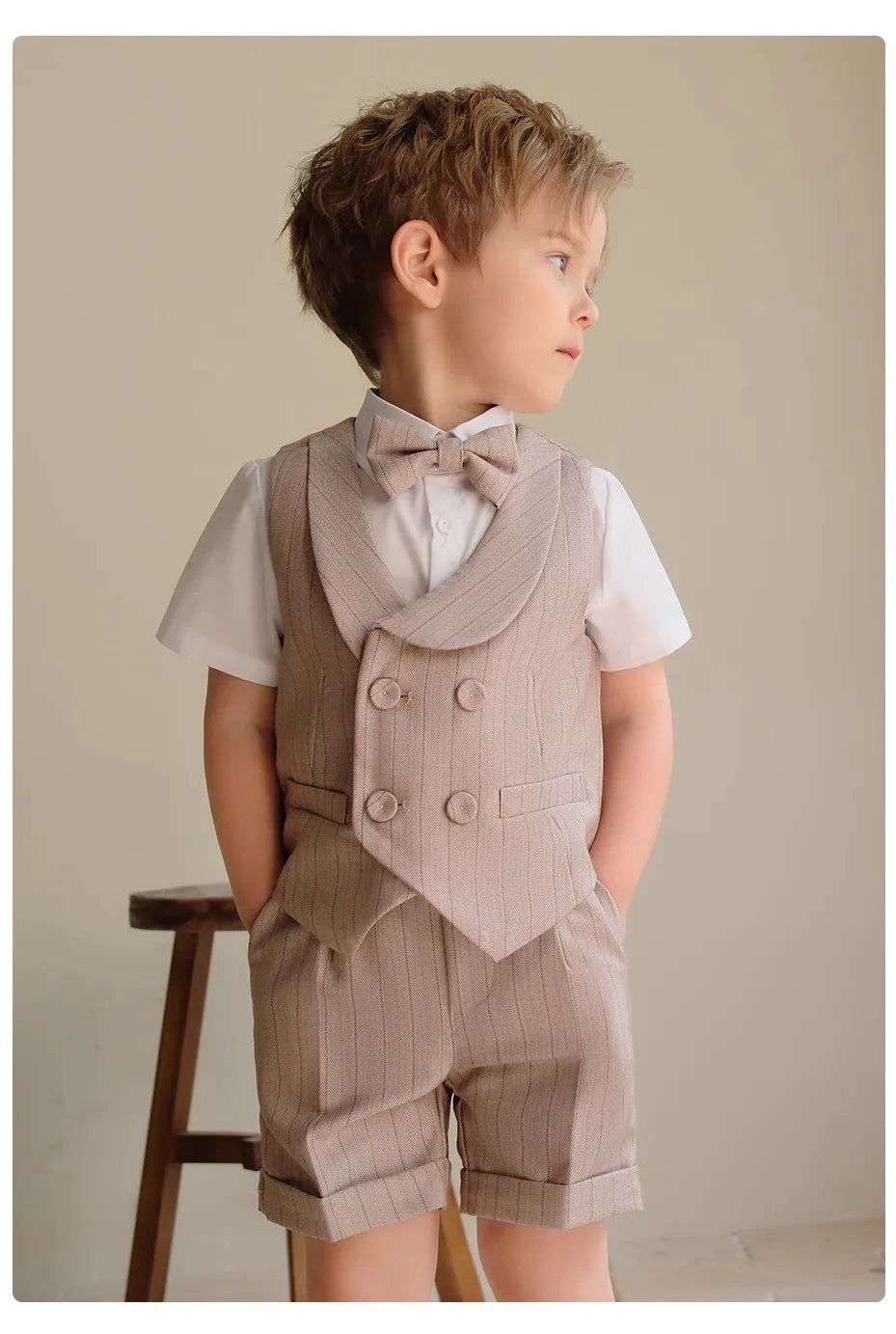 Boys Formal Khaki Tuxedo Dress School Performance Clothing Set Kids Wedding Photography Suit Children Birthday Gift Set Costume