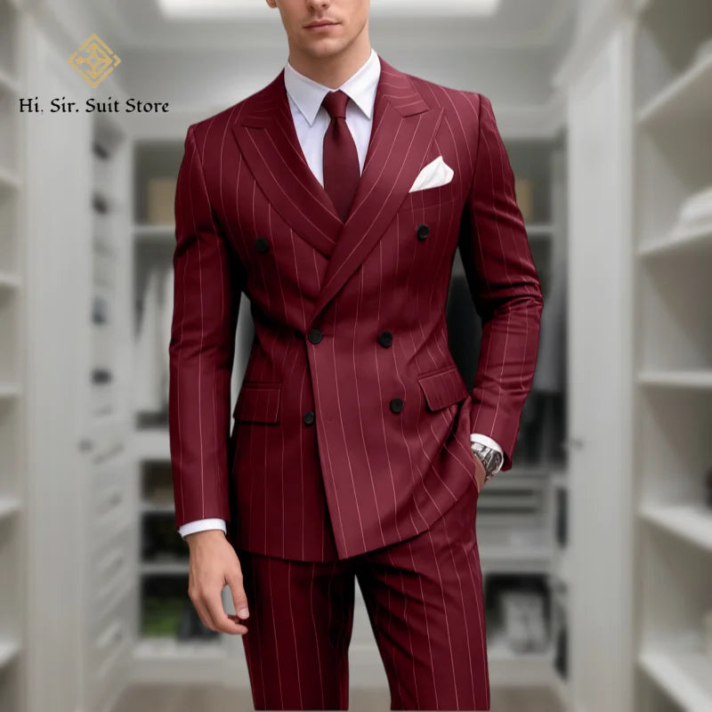 Men's 2-Piece Slim Fit Double-Breasted Striped Suit Set for Men – Wedding, Business & Formal Occasions
