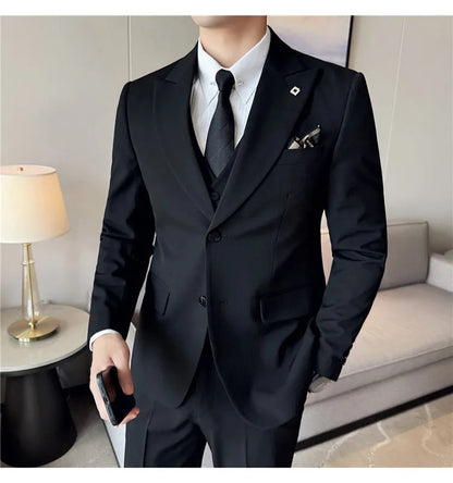 Men's 3 Piece Suit Set Double‑Button Solid Color Slim Fit Business Casual Wedding Banquet Party Jacket Vest Pants Formal Outfit