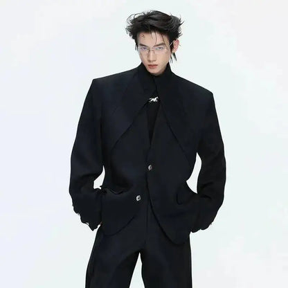 2026 Spring Patchwork Design Cross Collar Solid Color Casual Jacket Men Fashion Elegant Temperament Straight Pants JY6553