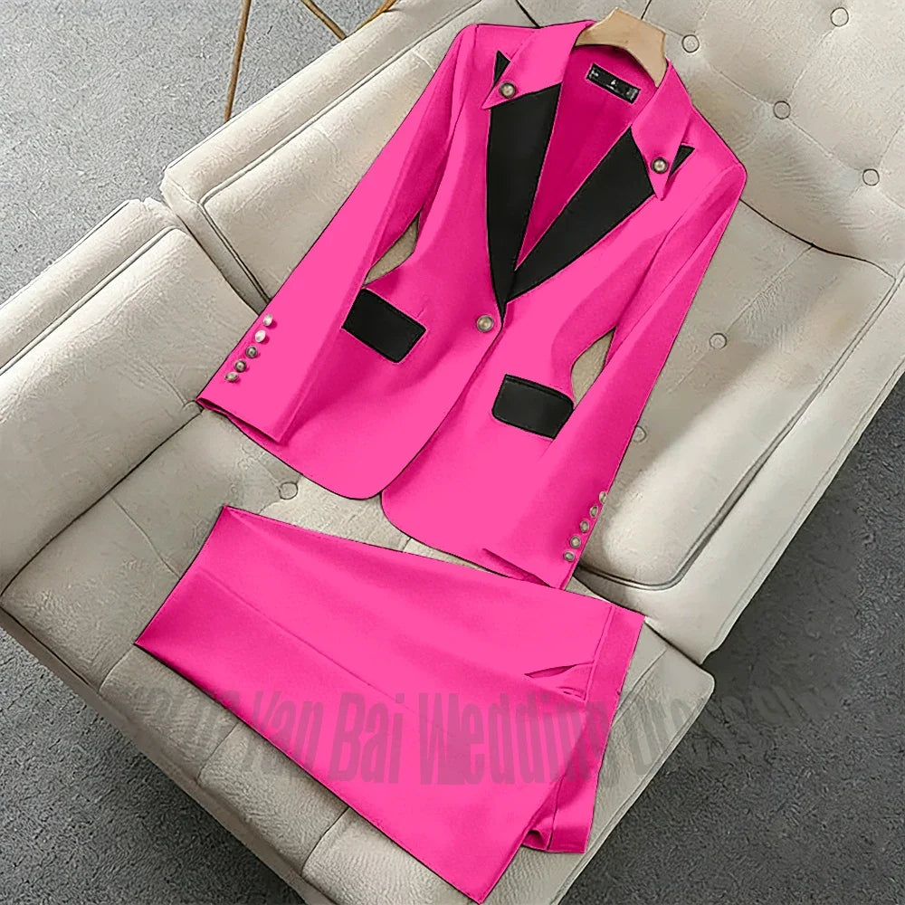New Unique Women Pant Suit Contrast Color Modern Outfit One-Button Peaked Lapel Casual Fashion Daily Female Clothes Set 2 Piece