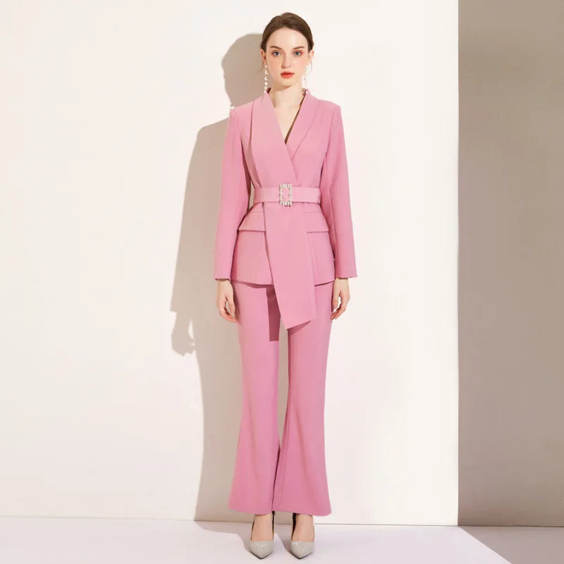 High Quality Women Belt Business Attire blazers Trousers Suits Set 2 Piece Elegant Slim Fit Pink Formal Office Lady Blazer Suits