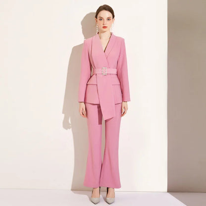 High Quality Women Belt Business Attire blazers Trousers Suits Set 2 Piece Elegant Slim Fit Pink Formal Office Lady Blazer Suits