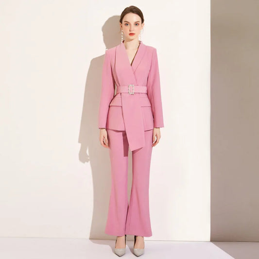 High Quality Women Belt Business Attire blazers Trousers Suits Set 2 Piece Elegant Slim Fit Pink Formal Office Lady Blazer Suits