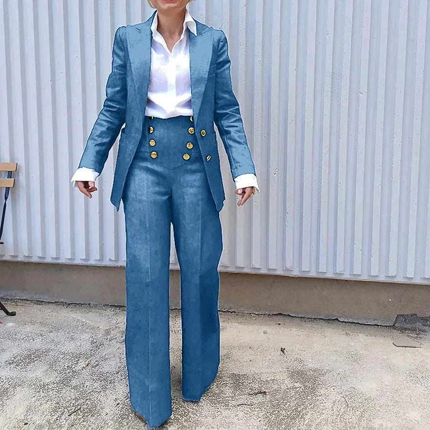 Navy Blue Women Suit Customized Single-breasted Peaked Lapel Denim Two Pieces(Blazer+Pants) Casual Daily Set for Shopping&Office