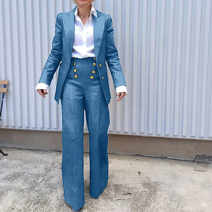 Navy Blue Women Suit Customized Single-breasted Peaked Lapel Denim Two Pieces(Blazer+Pants) Casual Daily Set for Shopping&Office