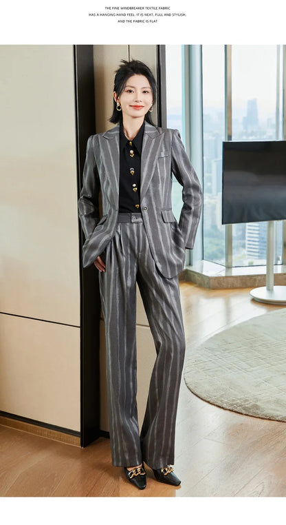 Fashion Autumn Winter Ladies Pant Suit Women Striped Female Business Work Wear Jacket Blazer and Trouser Formal 2 Piece Set