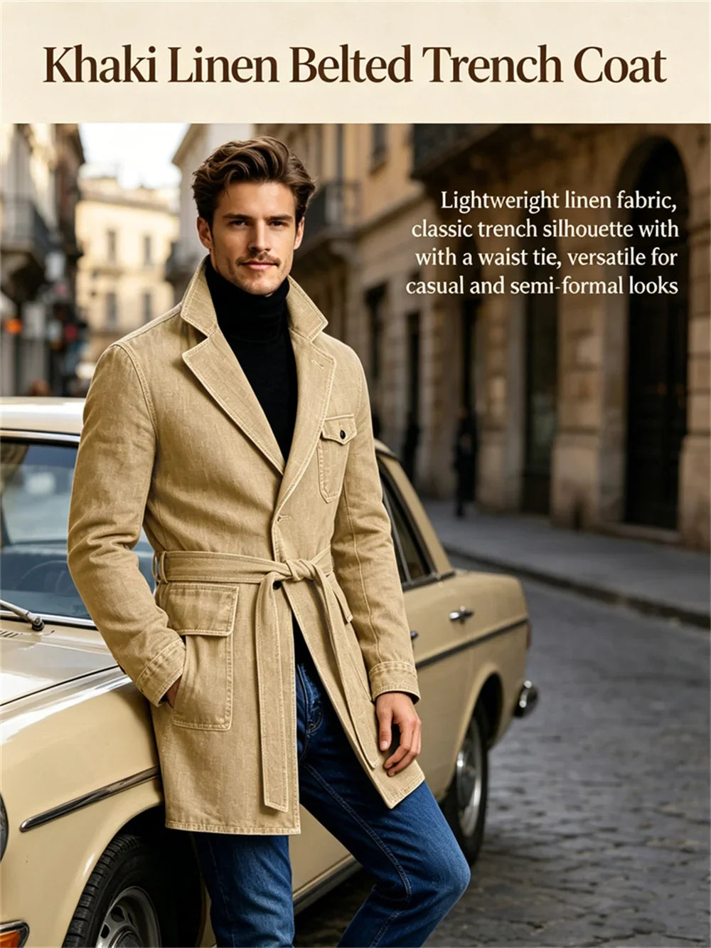 Men's Vintage Mid Length Belted Denim Trench Coat Notched Lapel Casual Workwear Outerwear Stylish Daily Streetwear Jacket