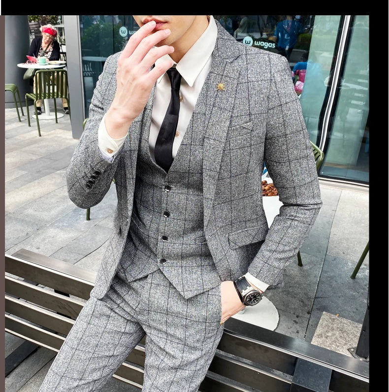 Men's 3-Piece Slim Fit Striped Plaid Suit Set with Vest and Trousers – Wedding & Business
