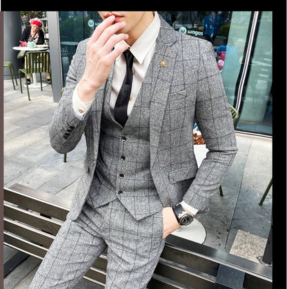 Men's 3-Piece Slim Fit Striped Plaid Suit Set with Vest and Trousers – Wedding & Business