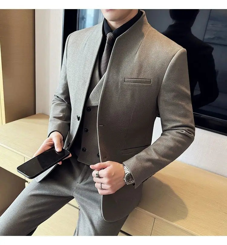 Men's 3-Piece Slim Fit Stand Collar Suit – Wedding, Prom & Office Formal Set