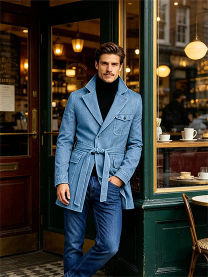 Men's Vintage Mid Length Belted Denim Trench Coat Notched Lapel Casual Workwear Outerwear Stylish Daily Streetwear Jacket