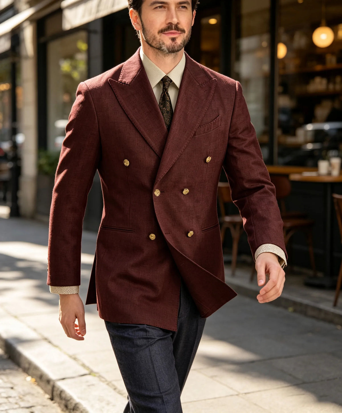 Burgundy Linen Blend Double Breasted Men's Blazer Peak Lapel Slim Fit Tailored Formal Men Suit Jacket For Wedding Groom Business