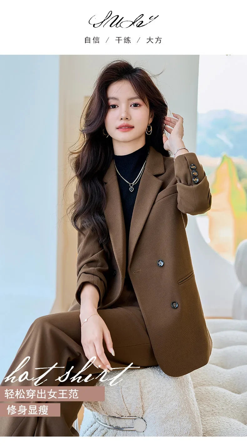 Autumn Winter 2024 New Apricot Coffee Black Elegant Double Breasted Blazer Top And Women High Waist Wide Leg Pant Two Piece Set